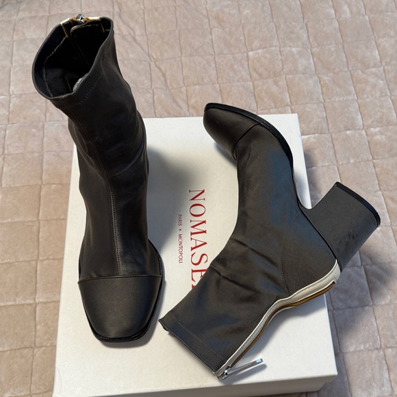 Nomasei Shoes - Olive Satin Aria Nomasei Boots with Zipper Detail